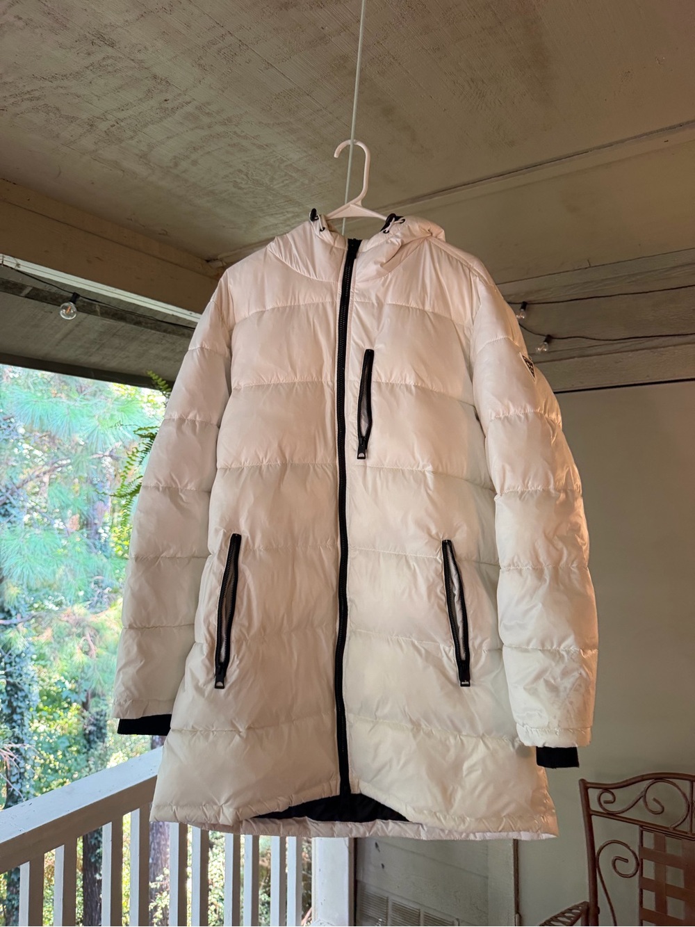 Guess White Puffer Hooded Coat with Black Trim - Men’s Winter Jacket